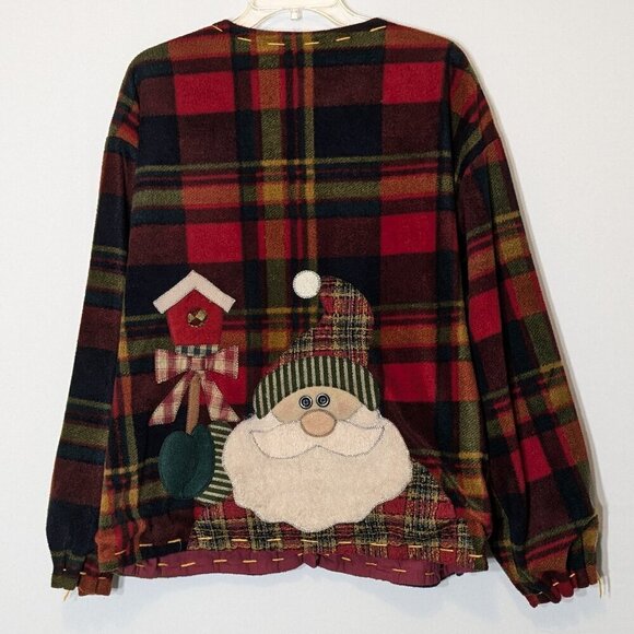 Burgundy Plaid Button Christmas Holiday Fleece Cardigan; Santa Claus; Size L-XL - Picture 3 of 5